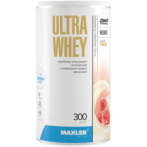 Протеин Maxler Ultra Whey, 300 гр., клубничный молочный коктейль протеин сывороточный maxler ultra whey 300 гр клубничный молочный коктейль