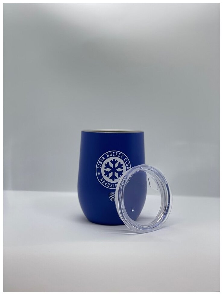 Чашка с крышкой , с двойными стенками нержавеющая сталь, пластик 354 мл, с печатью эмблемы ХК "Сибирь" цвет синий матовое покрытие - фотография № 3