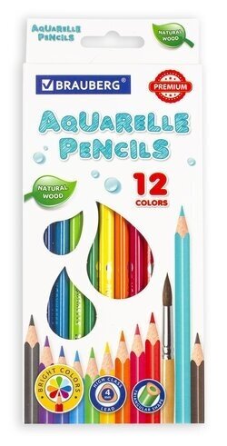 Карандаши цветные акварельные BRAUBERG PREMIUM AQUARELLE, 12 цветов, грифель мягкий 4 мм, 181671