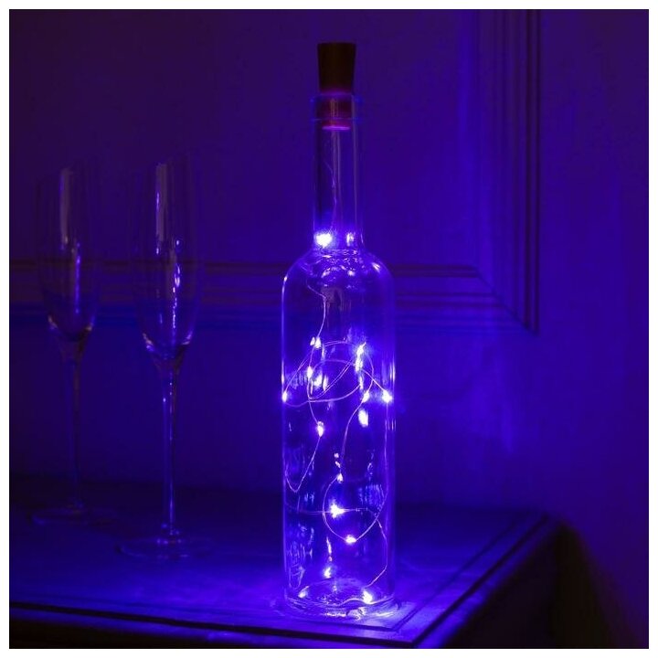 фото Luazon Lighting Гирлянда «Нить» 1 м роса с пробкой, IP20, серебристая нить, 10 LED, свечение фиолетовое, LR44х3