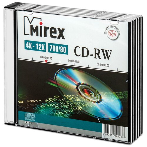 перезаписываемый диск cd rw mirex 700mb 12x slim box 1 шт Перезаписываемый диск CD-RW Mirex 700Mb 12x slim box, упаковка 5 шт.
