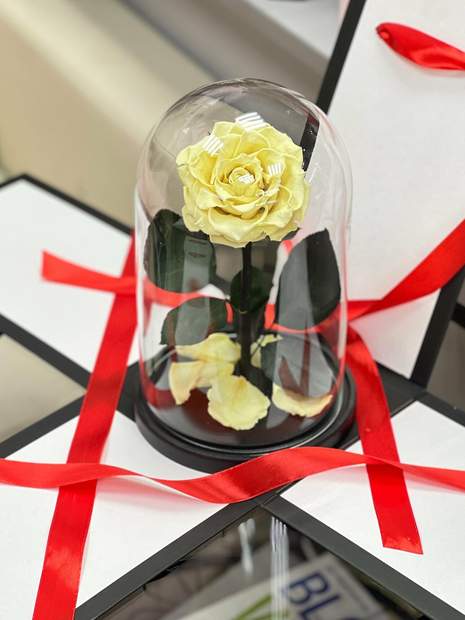 Светло-желтая роза в колбе "VIP" в подарочной коробкой с вау-эффектом /29 см Живет 5 лет