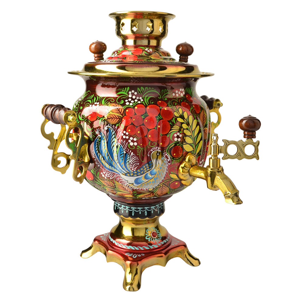 фото Самовар электрический 3 литра с автоотключением, художественной росписью «Синяя птица» формы «Овал»