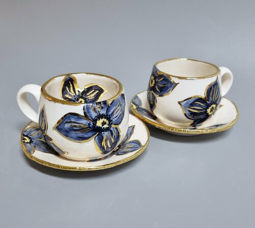 Комплект авторских чайно-кофейных пар ручной работы Irina Volvach Art Ceramics 
