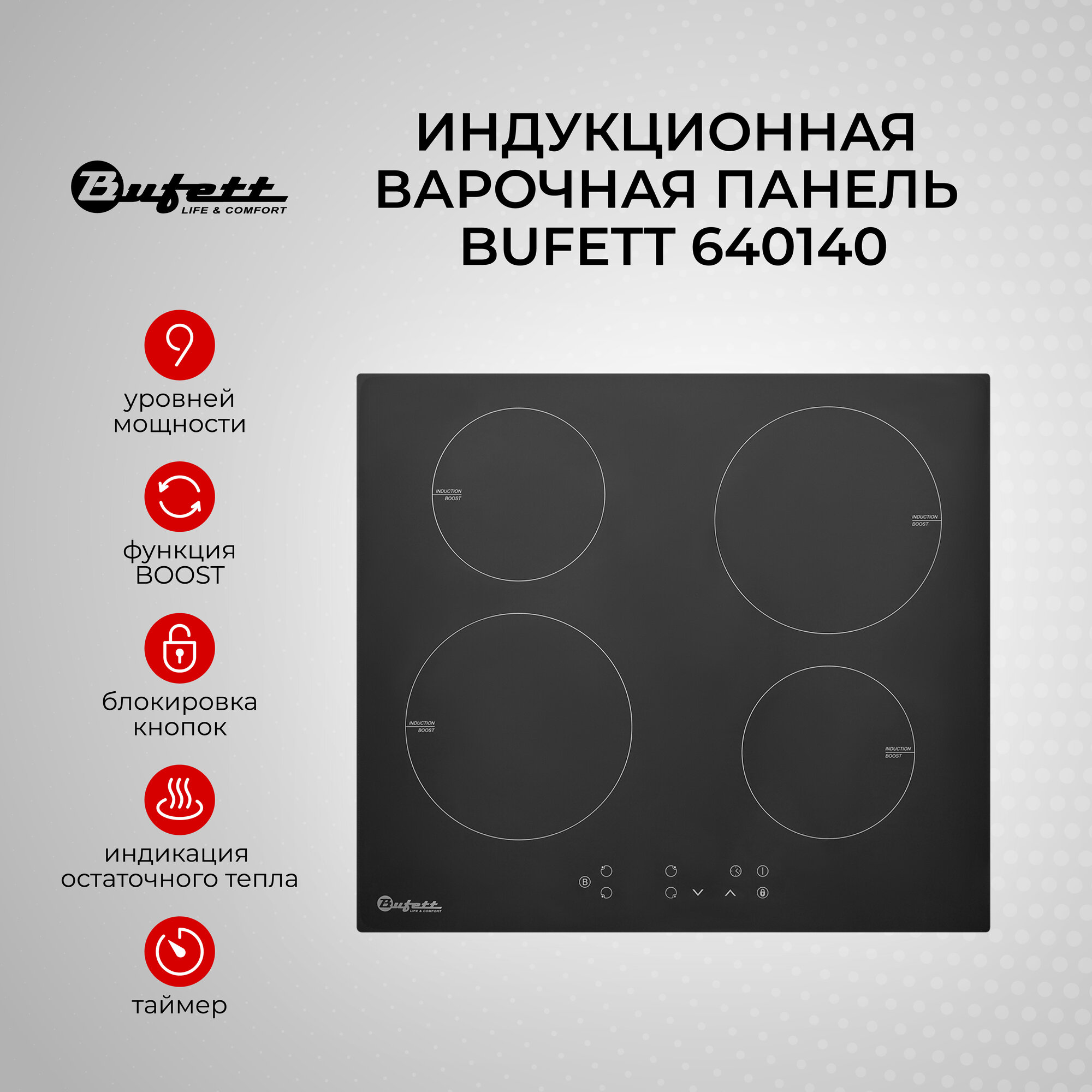 Варочная панель индукционная встраиваемая 4 конфорки BUFETT 640140, 7000 Вт