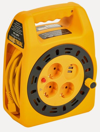 Изображение товара Удлинитель на катушке IEK INDUSTRIAL УК15, 3 розетки, 15м, 3500Вт, IP20, заземление, желтый, USBх2, LED