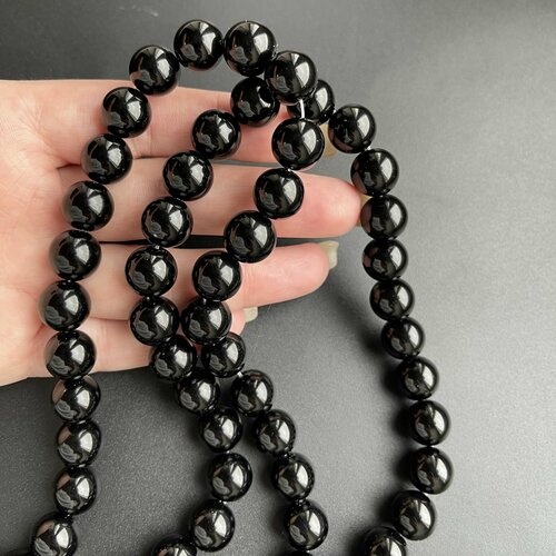 Бусины агат черный шар гладкий 12 мм нить 38 см, Suntrim