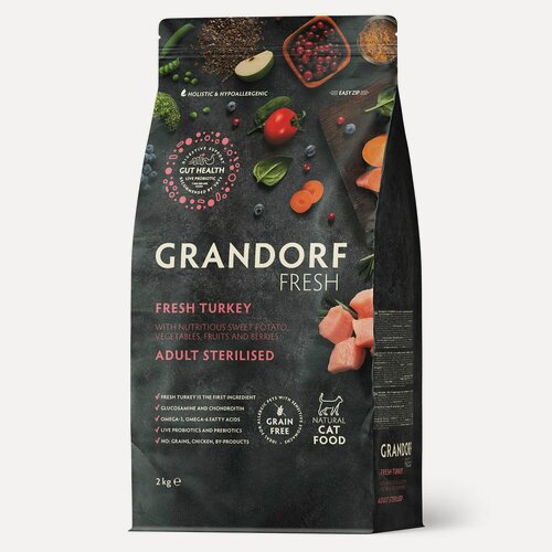 Изображение товара Сухой корм для кошек Grandorf FRESH Cat STERILISED Turkey&Sweet Potato (Свежее мясо индейки с бататом для стерилизованных кошек) 2 кг