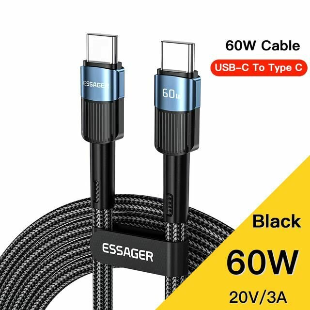 Длинный провод зарядки Essager 60w Type-C. Для быстрой зарядки Ноутбука, Macbook, Samsung, Xiaomi, Huawei, iPhone 16 Pro 2 метра