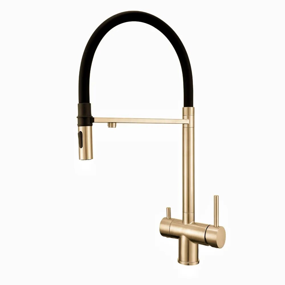 Смеситель для кухни с гибким изливом и краном под фильтр для питьевой воды (Золотой)