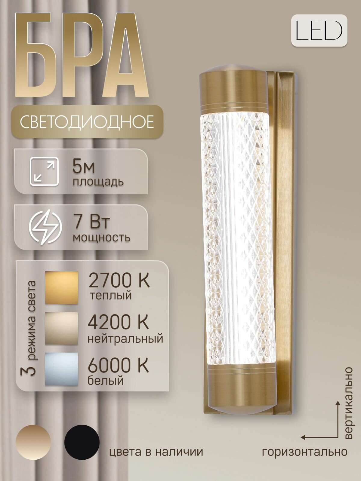 Бра настенные, светильник настенный , Бра светодиодные ЭлисСвет 20138 LS/1W GD