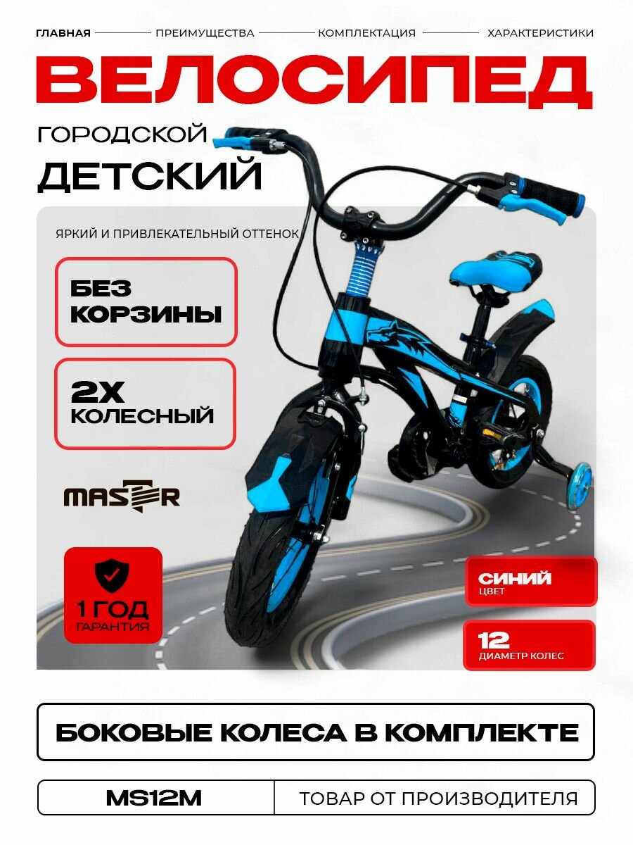 Велосипед детский Master MS12 , городской, четырехколесный, колеса 12, Цвет: синий.