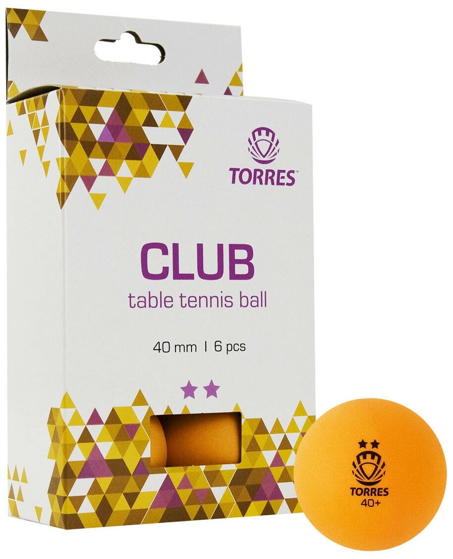 Мяч для наст. тенниса TORRES Club 2*, арт. TT21013, диам. 40+ мм, упак. 6 шт, оранжевый