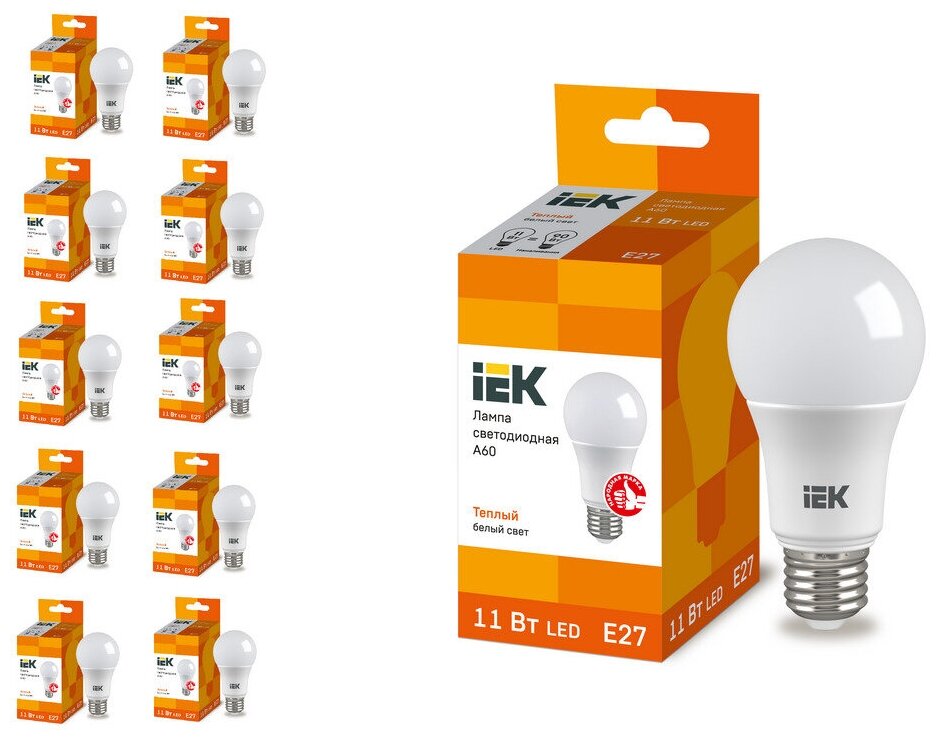 Лампа светодиодная ECO A60 шар 11Вт 230В 3000К E27 | код. LLE-A60-11-230-30-E27 | IEK (10шт. в упак.)