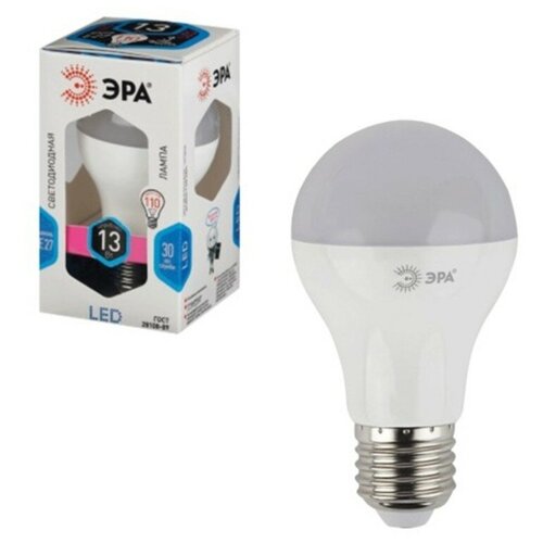 фото Лампа светодиодная эра, 13 (110) вт, цоколь e27, грушевидная, холодный белый свет, 30000 ч led smda65-13w-840- e27