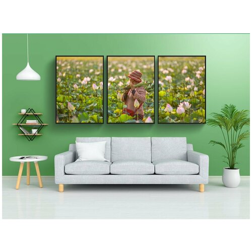 фото Набор модулных постеров для интерьера "цветы лотоса, камбоджа, женщина" 60x90 см. в тубусе, без рамки lotsprints