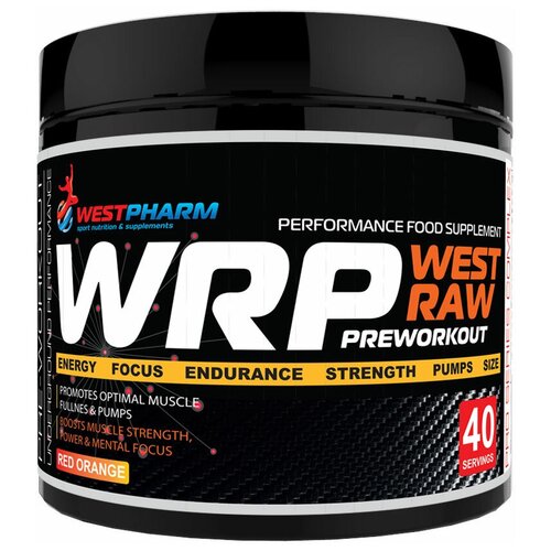 WestPharm / WRP / West Raw Preworkout / Предтренировочный комплекс со вкусом Red Orange / 320 гр, 40 порций westpharm wrp 320 гр westpharm клубника банан