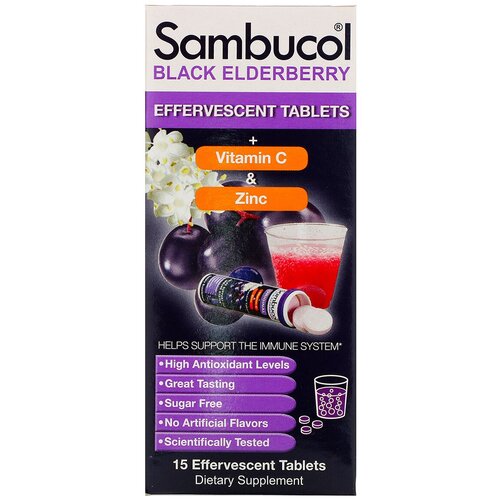 Таблетки Sambucol шипучие Black Elderberry Черная бузина, 110 г, 15 шт.