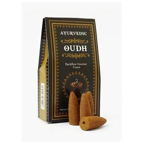 Ароматические благовония пуля, Аюрведик Ayurvedic Удх Oudh, стелющийся дым, 10 конусов, черный  - Купить