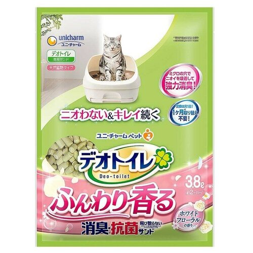 Unicharm Deo Toilet Трудно рассыпающийся дезодорирующий антибактериальный наполнитель для cистемных туалетов для кошек с цветочным ароматом, 3,8 л