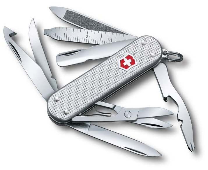 Нож-брелок VICTORINOX Mini Champ Alox, 58 мм, 15 функций, рукоять из рифленого алюминия, серебристый 0.6381.26