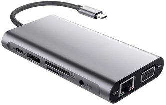 Адаптер Type-C на HDMI(4K) / VGA / Аудио 3.5 / Ethernet RJ45 100mbps / Type-C PD 87W / USB-A V3.0 / Кардридер SD TF, USB-концентратор, переходник 11 в 1