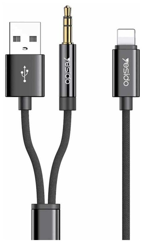 AUX адаптер и кабель зарядки Yesido YAU18 Lightning to 3.5 mm + USB 2-in-1 Charging and Listening 2.4А 1.2 м Черный