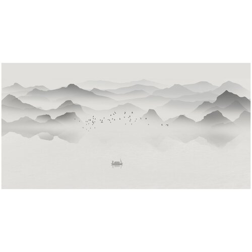 Фотообои Уютная стена Силуэты гор над озером в тумане 530х270 см Бесшовные Премиум (единым полотном)