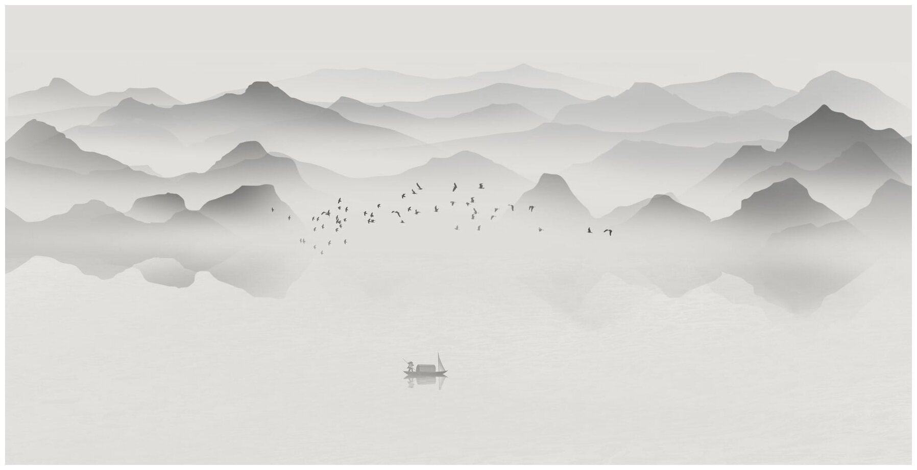 Фотообои Уютная стена "Силуэты гор над озером в тумане" 530х270 см Виниловые Бесшовные (единым полотном)
