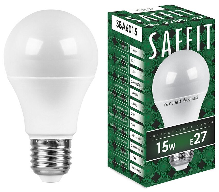 фото Лампочка светодиодная шар E27/A60 15Вт 1500Лм белый теплый 2700К, 55010