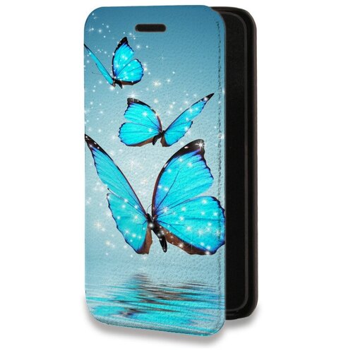 Дизайнерский горизонтальный чехол-книжка для Айфон 14 Плюс / Iphone 14 Plus Бабочки голубые