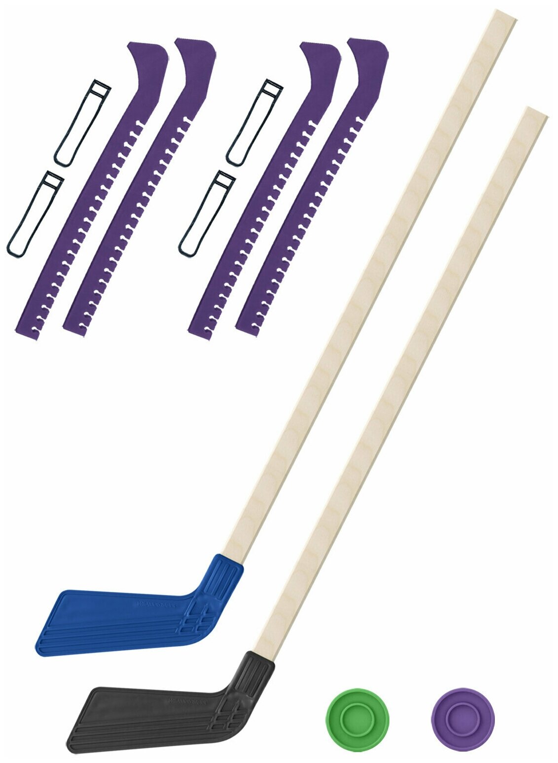 Детский хоккейный набор для игр на улице Клюшка хоккейная детская 2 шт синяя и чёрная 80 см.+2 шайбы + Чехлы для коньков фиолетовые - 2 шт. Винтер