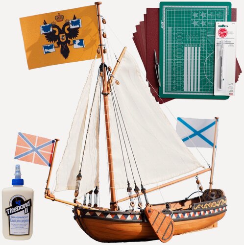 Изображение товара Модель парусного корабля Ботик Петра I, 110 часов, М.1:24, набор для сборки + инструменты и клей