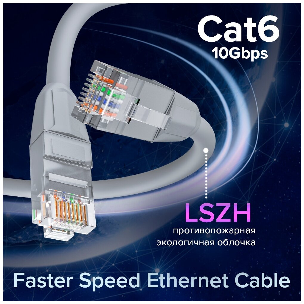 GCR Патч-корд прямой 5.0m LSZH UTP кат.6, серый, 24 AWG, литой без фиксатора, ethernet high speed, RJ45, T568B Greenconnect RJ45(m) - RJ45(m) Cat. 6 U/UTP LSZH 5м (GCR-52752) - фото №2