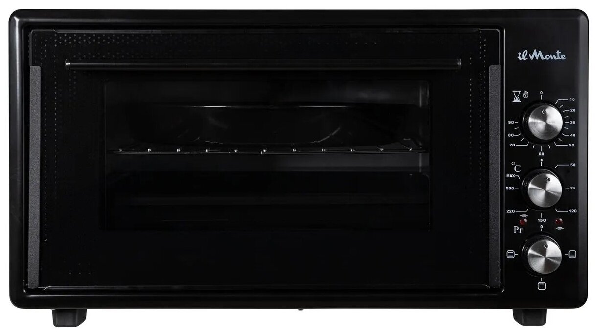 Мини-печь il Monte Духовка электрическая 45 л, в современном стиле Хай-Тек (High-Tech), 3 режима, двойное стекло дверцы, подсветка, таймер с автоматическим отключением духовки, от 50 до 300С EO-4507 BLACK, черная