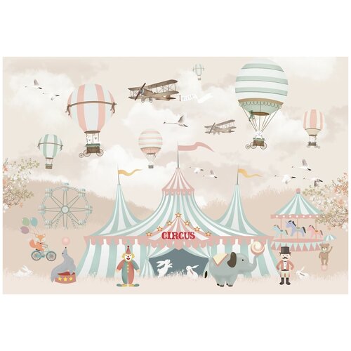 Фотообои Уютная стена Цирк на фоне воздушных шаров 390х270 см Виниловые Бесшовные (единым полотном)