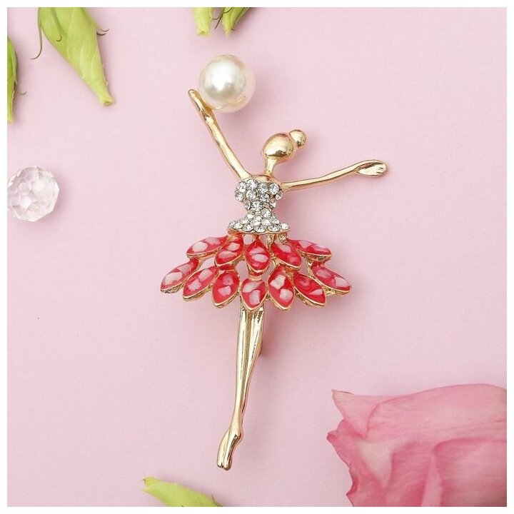 фото Брошь "Гимнастка в пачке", цвет красно-белый в золоте