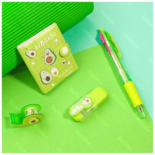 Детский канцелярский подарочный набор для школьника 4 в 1 Авокадо: блокнот, многоцветная ручка, маркер, скотч; зеленый