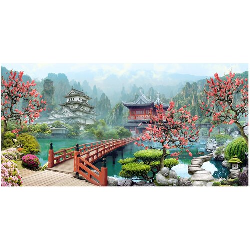Флизелиновые фотообои Уютная стена Фотообои Японский сад с цветущей сакурой 540х270 см с текстурой Песок