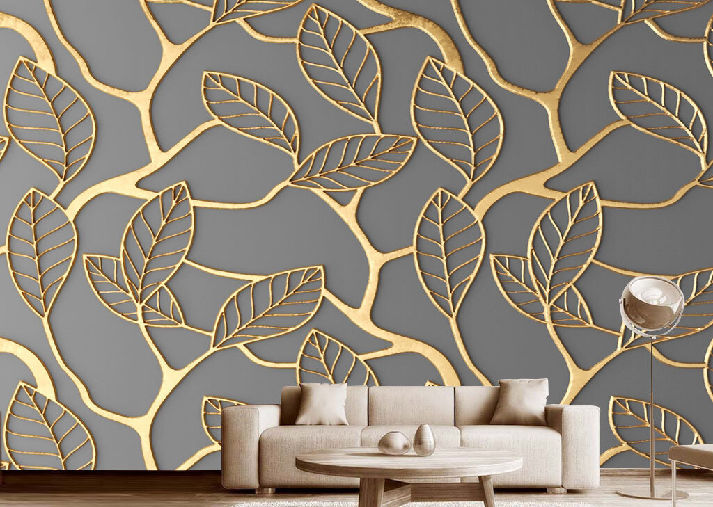 фото Фотообои на стену 3д (флизелиновые) Модный Дом "Ветки в золоте" 200x270 см (ШхВ)