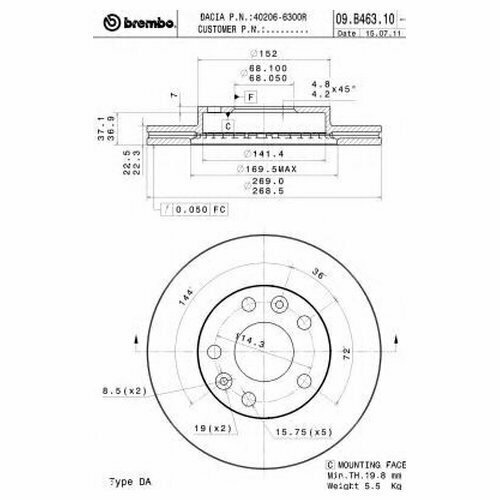 Тормозной диск передний brembo 09B46310