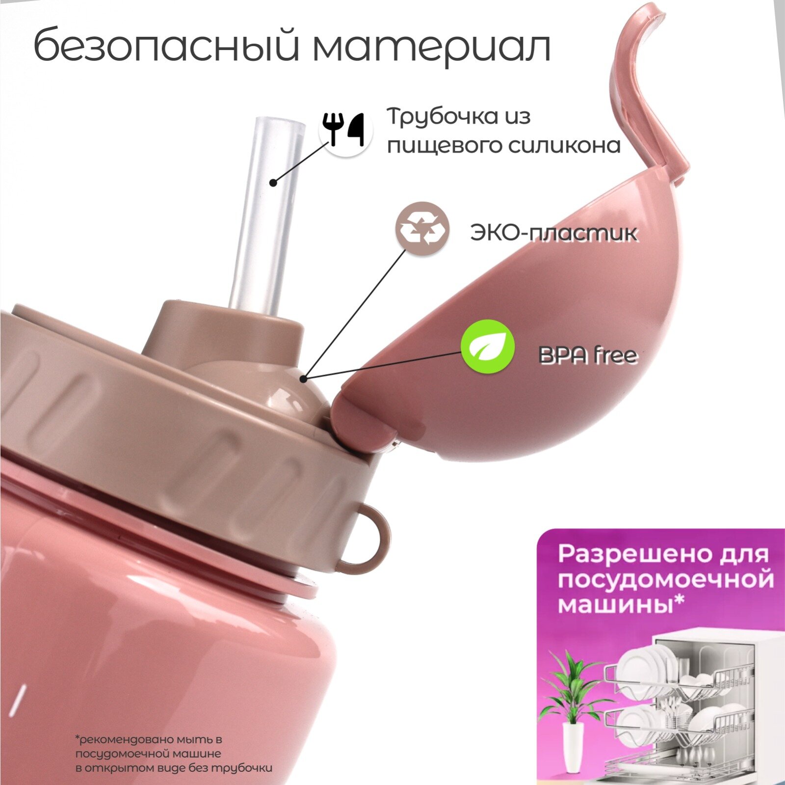 Бутылка для воды с трубочкой 500 мл, розовая — фото 1