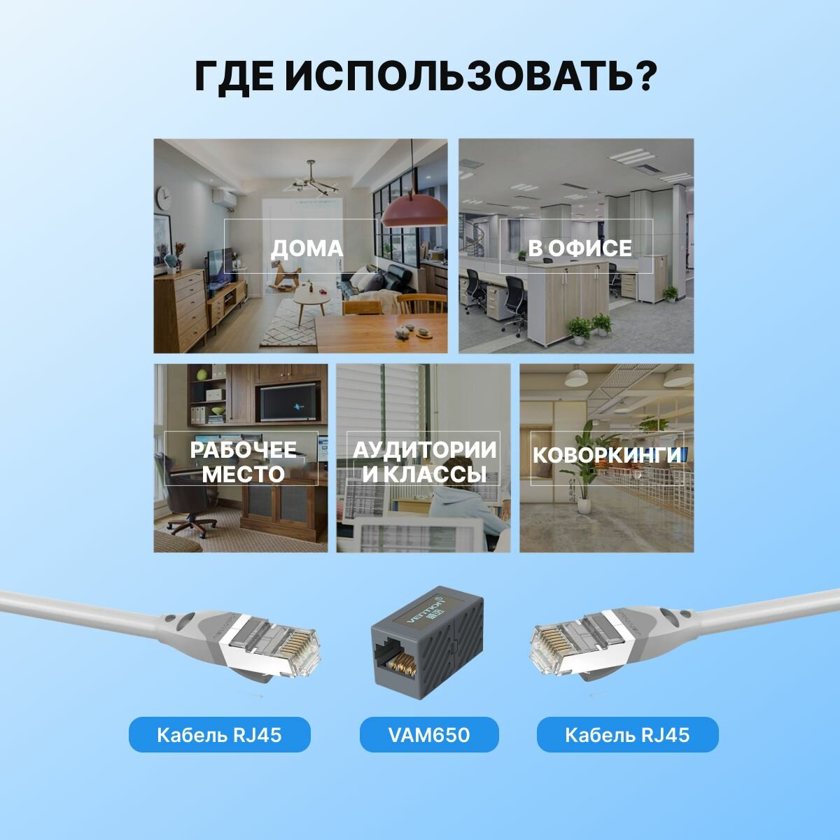 Соединитель RJ45 F (мама) / RJ45 F (мама) 8p8c cat.6 Vention для соединения двух патч-кордов, для интернет-кабеля арт. VAM650 — фото 1
