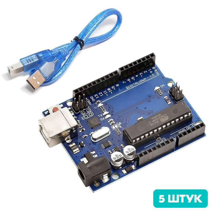 Контроллер Arduino Uno R3 на ATmega328P (совместимый) + USB кабель (5 штук)