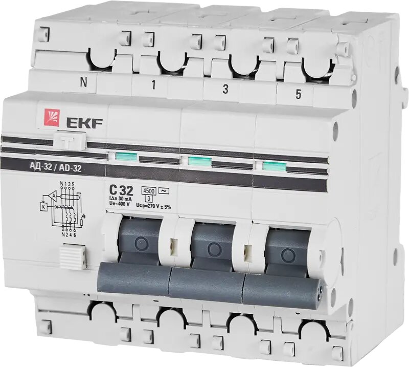Дифференциальный автомат EKF АД-32 3P N C32 А 30 мА 4.5 кА АС