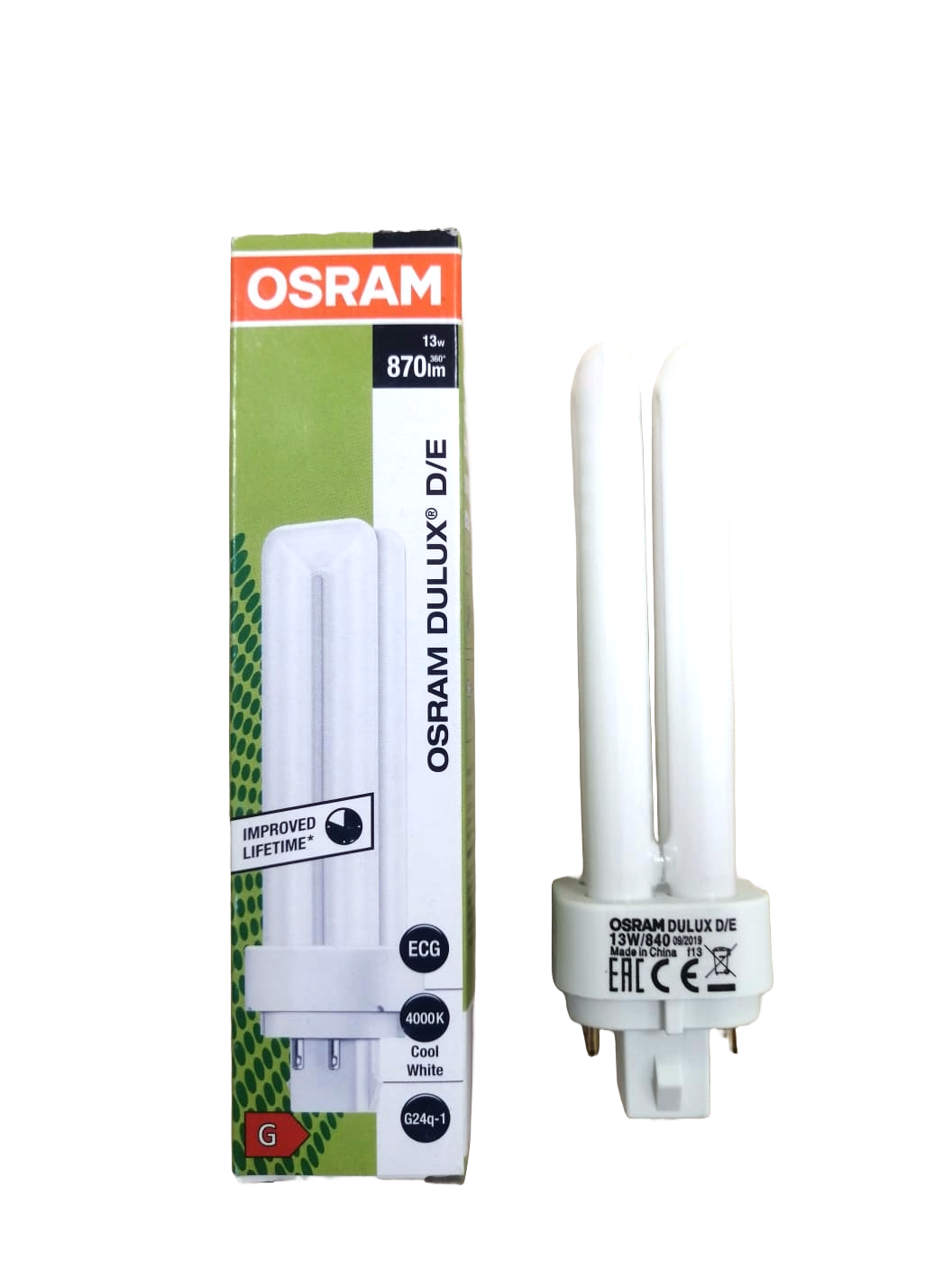 Лампа OSRAM DULUX D/E 13W/840 G24Q-1 компактная люминесцентная 13 Вт нейтральный белый свет 4000K 4050300017594