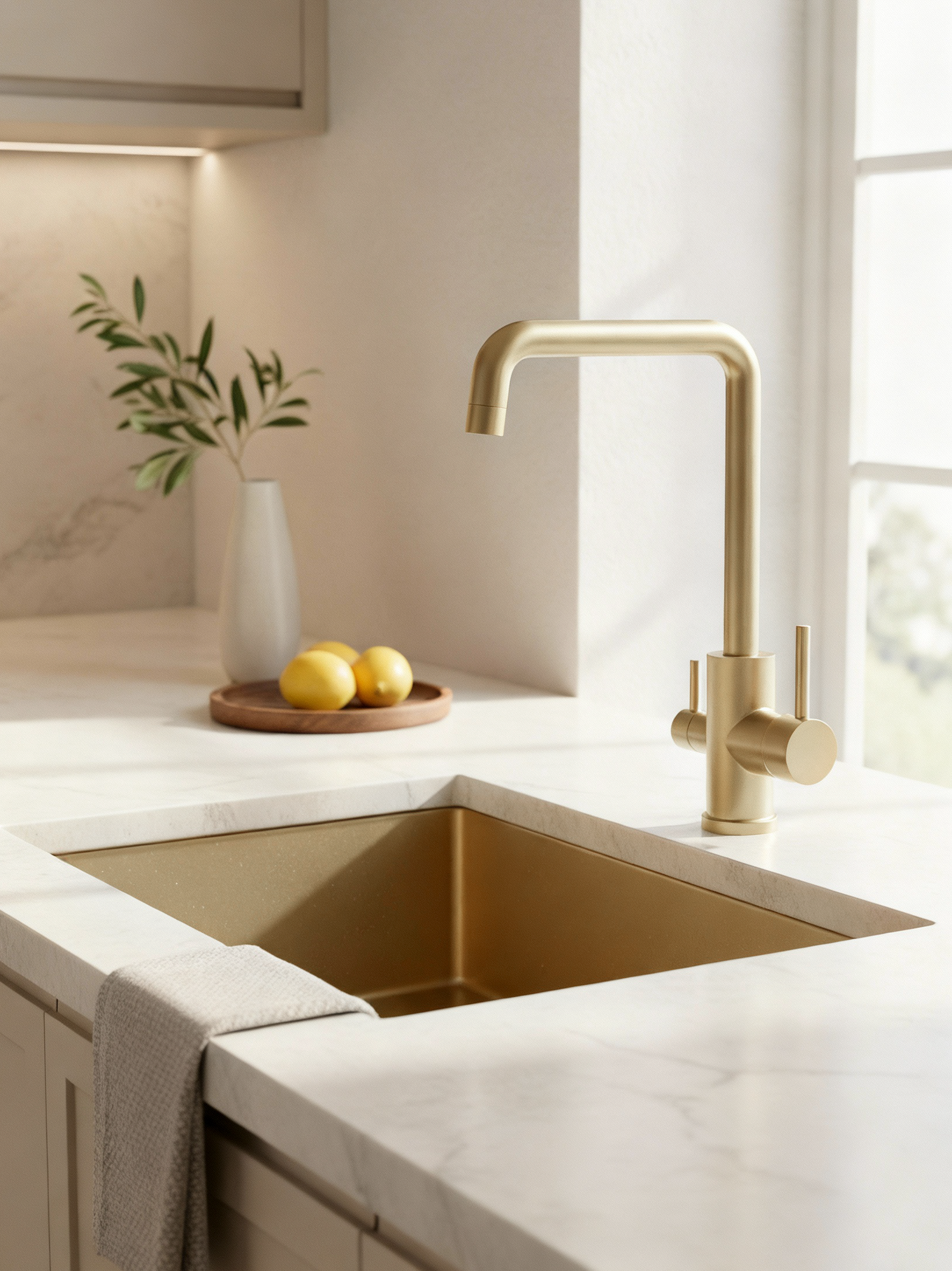 Смеситель для кухни с поворотным изливом VODA с подключением к фильтру, золотой