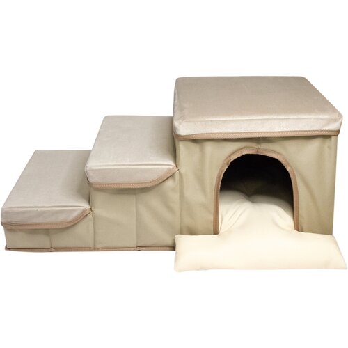 Лесенка прикроватная для собак и кошек складная ЗверюшкинЪ, три ступени с отсеками для хранения, домиком и лежанкой, бежевый