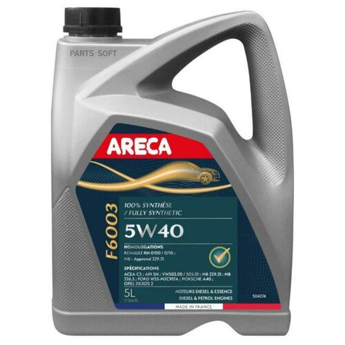 ARECA 050427 ARECA F 6003 5W40 (5L)_масло мотор! синтACEA C3, API SN/CF, MB229.31/226.5, VW 502.00/505.01, Dexos2
