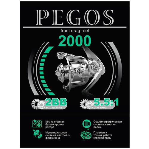 Катушка безынерционная AQUA Катушка для рыбалки AQUA Pegos 2000 (2 подшипника) / безынерционная для спиннинга удочки фидера под любую руку 2000